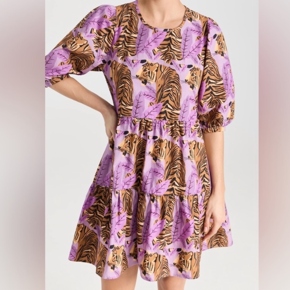 Farm Rio Size XS Purple Tigers Puff Sleeve High Low Mini Dress Funky Mini Dress